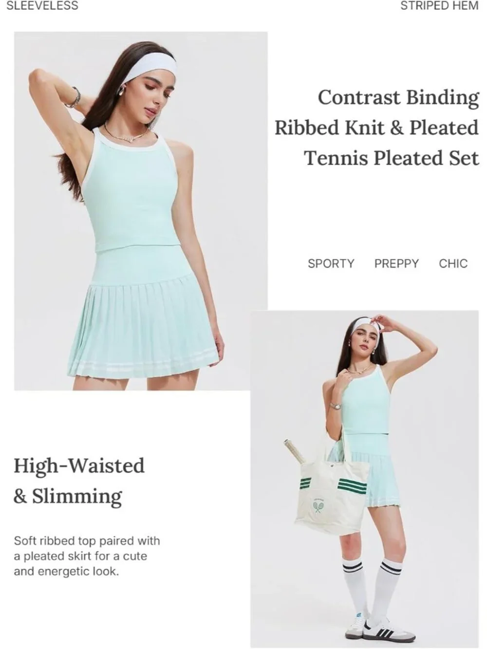 Women's Mint Green 2 Piece Racer Back Tennis Skirt Tank Top Pull On Golf Dress